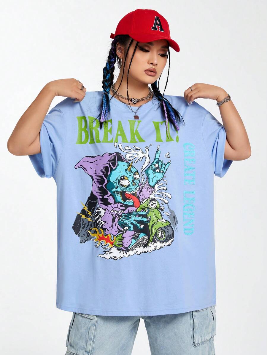 SHEIN EZwear CURVE 女士加大碼卡通和字母印花短袖t恤 - 淺藍色 - 查看 1