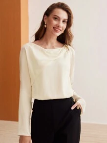 MOTF PREMIUM SILK SOLID ASYMMETRICAL SHOULDER BLOUSE - Apricot - View 9