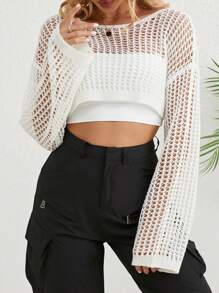Top court ajouré à manches dolman en tricot, décontracté, pour vacances et plage, pour femmes, pour le printemps/l'été