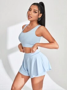 Gameset SHEIN Sport 女士純色短上衣和短褲運動套裝 - 淺藍色 - 查看 3