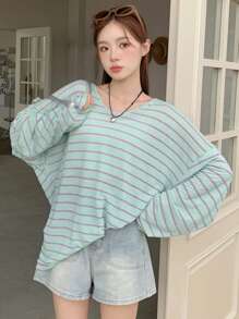 DAZY Women's Striped Drop Shoulder Loose Fit T-Shirt Linen