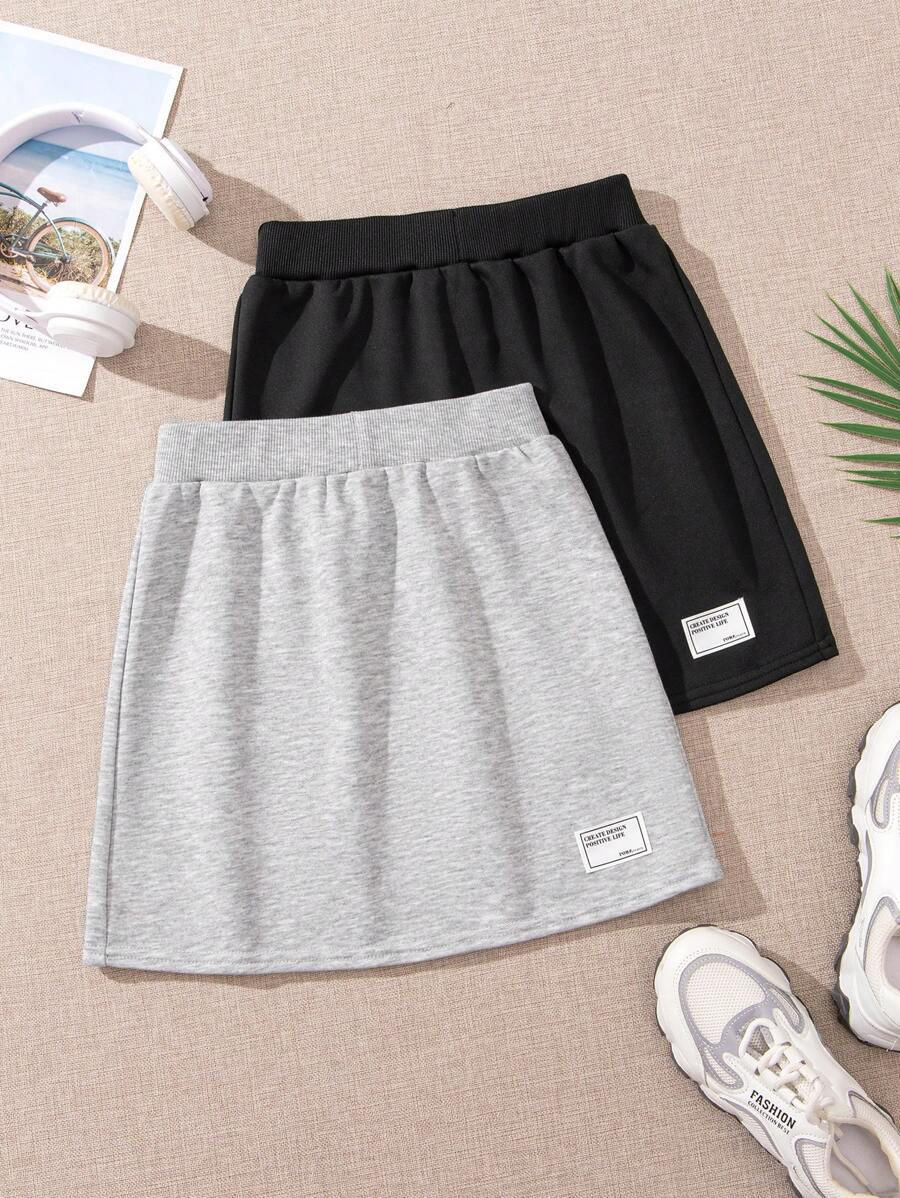 SHEIN Leap Crew Tween 女童针织纯色裙子，带补丁细节，休闲 - 彩色 - 查看 1