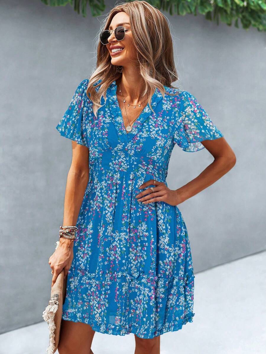 SHEIN LUNE Ditsy Floral Print V-Neck Short Sleeve A-Line Dress - Mint Blue - View 1