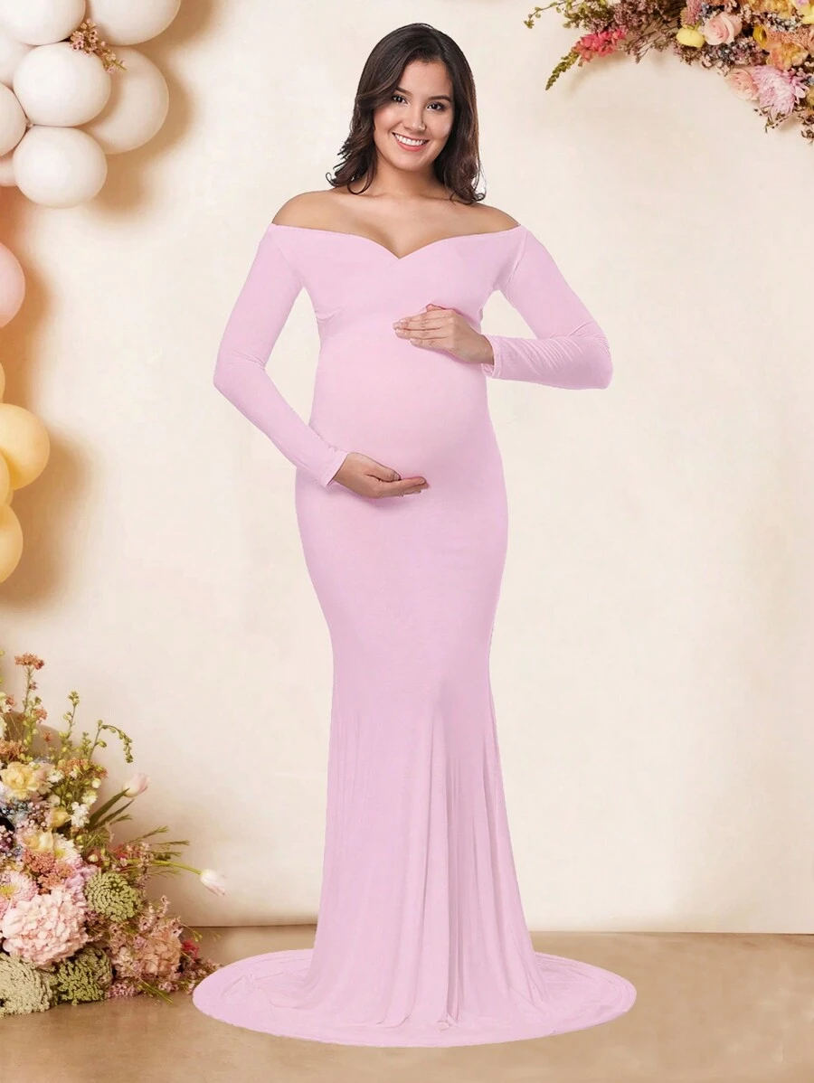 Đầm bầu trễ vai tay dài ôm sát dài đến sàn - Hồng - Xem 1