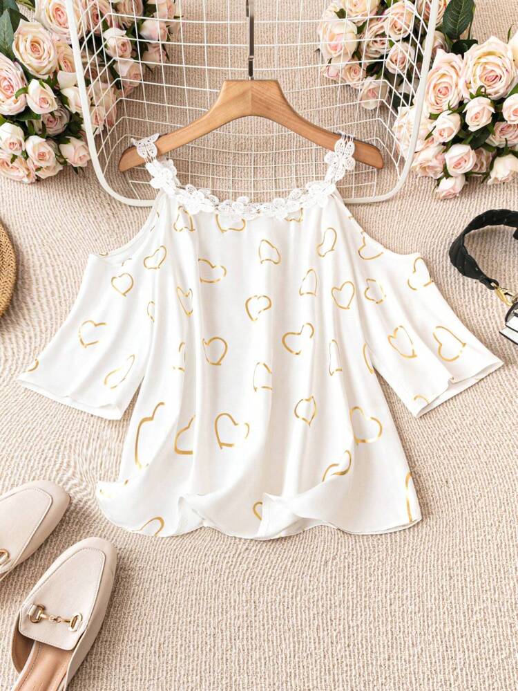 Plus Size Heart Printed Lace Edge Cold Shoulder Blouse