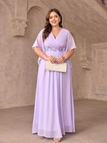 SHEIN Belle 大码女式纯色荷叶边袖 V 领伴娘礼服优雅正式晚会舞会婚礼宾客礼服，适合毕业典礼、晚宴派对 - 紫丁香色 - 查看 3