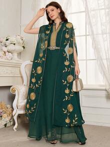 Women's Floral Embroidery & Trim Patched Arabic Style Dress - Dark Green - View 5