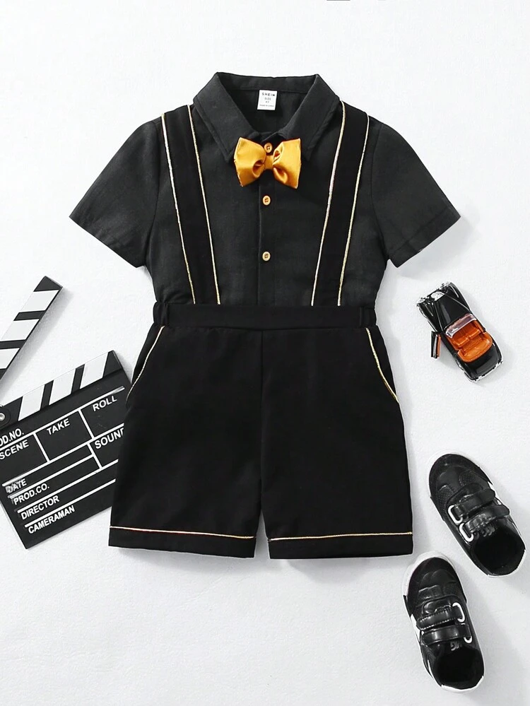 Young Boy's Stylish Contrast Color Weave Strap Shirt, Suspenders Shorts Suit