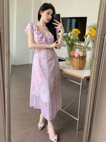 DAZY Women's Full Bloom Printed V-Neck Ruffled Chiffon Dress Sundress - Pink - View 3