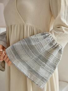 Al Najma Patchwork Striped V-Neck Flare Sleeve Dress - Apricot - View 8