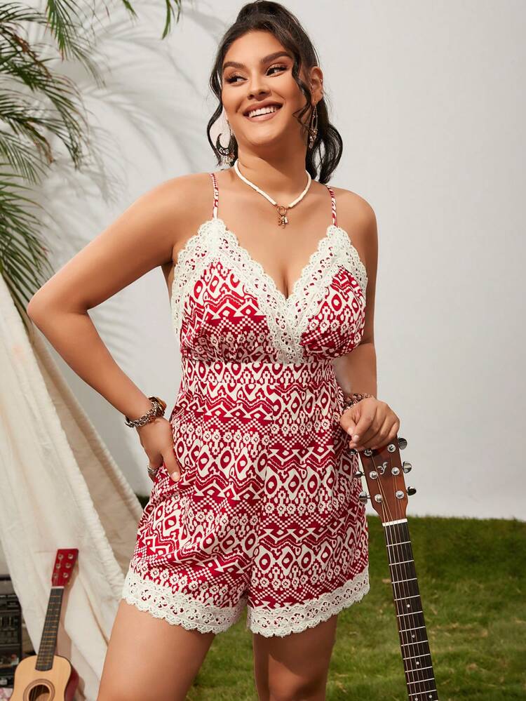 Plus Size Vintage Printed Lace Trimmed Backless Spaghetti Strap Jumpsuit