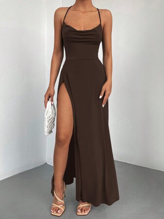 Women's Cowl Collar High Slit Hem Cami Dress