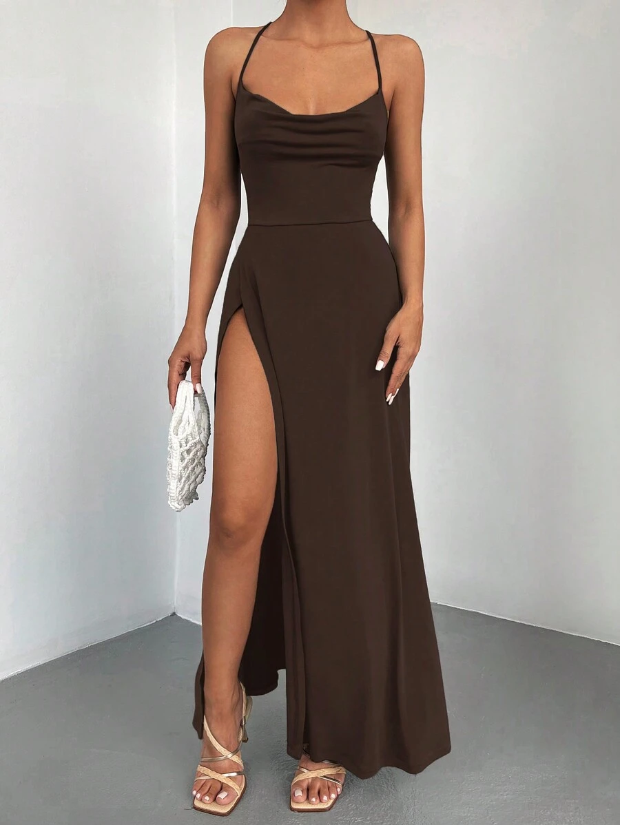 EURMUSE Của phụ nữ Áo cổ bò Cái nĩa cao Hem Váy Dây - màu nâu - Xem 1