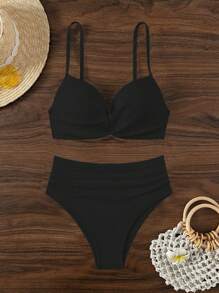 SHEIN Swim 夏季海滩 V 领比基尼套装，细肩带和高腰 - 黑色 - 查看 6
