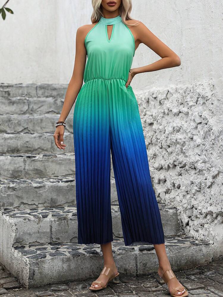 Women's Halter Neck Ombre Jumpsuit With Keyhole And Pleats