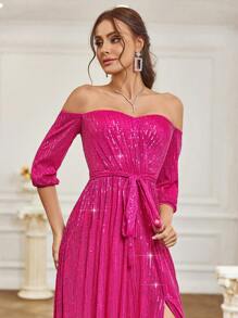 SHEIN Belle Women's Off Shoulder Belted Slit Sequin Formal Dress Formal Ball Gown For Women - Hot Pink - View 3