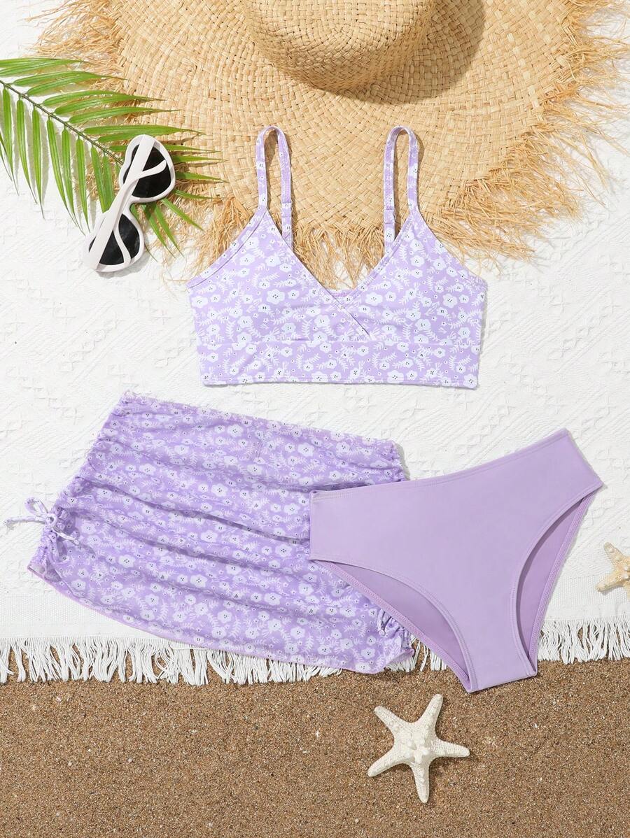 Tween Girl Cute 3pcs Purple Ditsy Floral Bikini Set(Random Print) With Cover Up Skirt, Bathing Suit Beach Outfit Summer Vacation Summer Beach Kids Swimming ,Kids Beachwear - Purple - View 1
