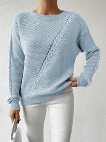 EURMUSE Women's Solid Color Drop Shoulder Sweater - Baby Blue - View 5