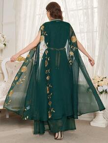 Women's Floral Embroidery & Trim Patched Arabic Style Dress - Dark Green - View 2