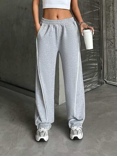 Cloudara Woman Contrast Line Detailed Wide Leg Sweatpants