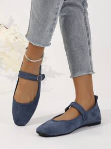 秋冬女士时尚舒适软底复古平底带扣鞋 - 藍色 - 查看 6