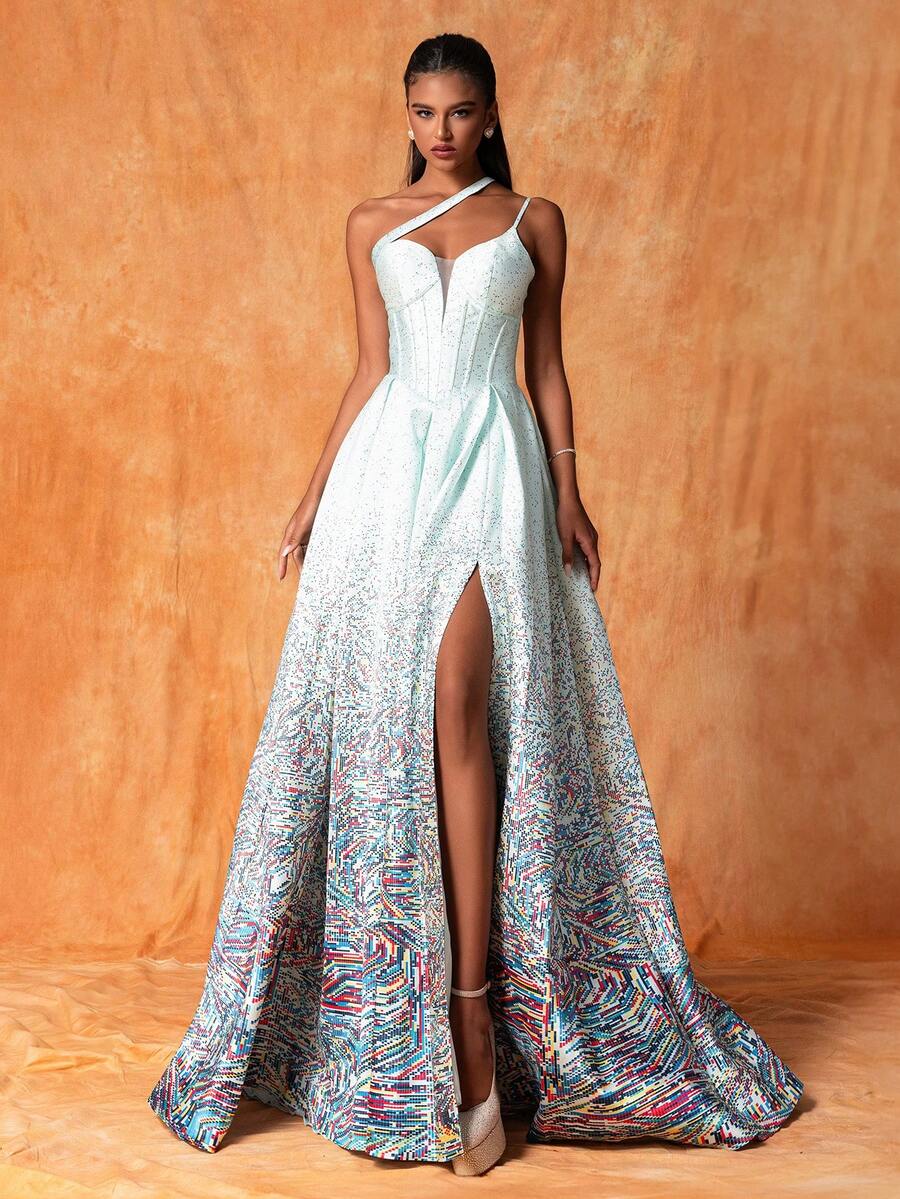 Women's One Shoulder Hollow Out Sleeveless Maxi French Style Elegant Evening Dress With High Side Slit - Light Wash - View 1