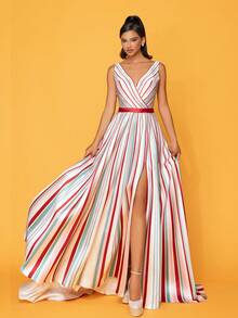 長款優雅高端色塊條紋高分裂晚禮服 - 粉色 - 查看 6
