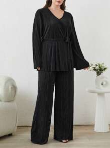 EURMUSE Solid Cross Belted Top & Wide Leg Pants - Black - View 3