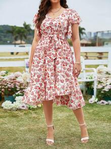 SHEIN Franclia Plus Size Women's Floral Print Ruffled Hem Short Sleeve Dress - Multicolor - View 5