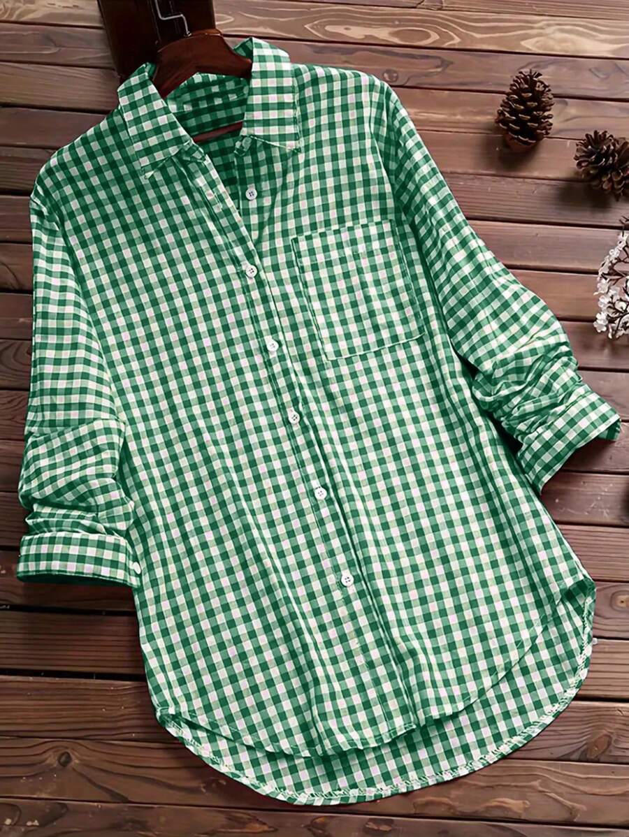 INAWLY Women's Plaid Short Front Long Back Shirt - Green - View 1