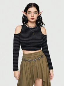 ROMWE Fairycore 條紋圖案挖肩T恤 - 彩色 - 查看 6