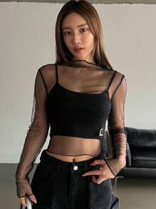 DAZY 女式网眼长袖透明上衣外出上衣节日夏季返校服装 - 黑色 - 查看 4