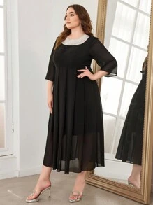 SHEIN Clasi Plus Size Color Block Beaded Decor Pleated Dress - Purple - View 5