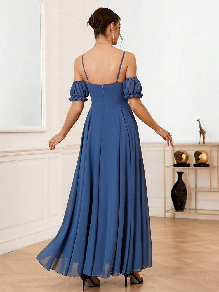 Elegant And Romantic Strappy Bridesmaid Dress With Woven Detailing And Cold Shoulder Design