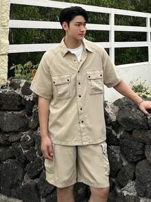 DAZY Men's Solid Color Work Shirt And Shorts Set - Apricot - View 1