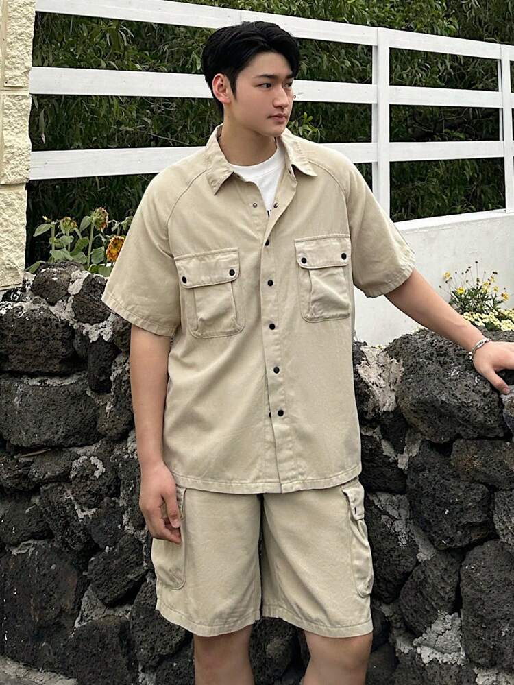 Men's Solid Color Work Shirt And Shorts Set