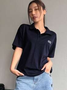 DAZY 翻领半襟宽松短袖女式字母印花T恤，秋季服装学院风上衣