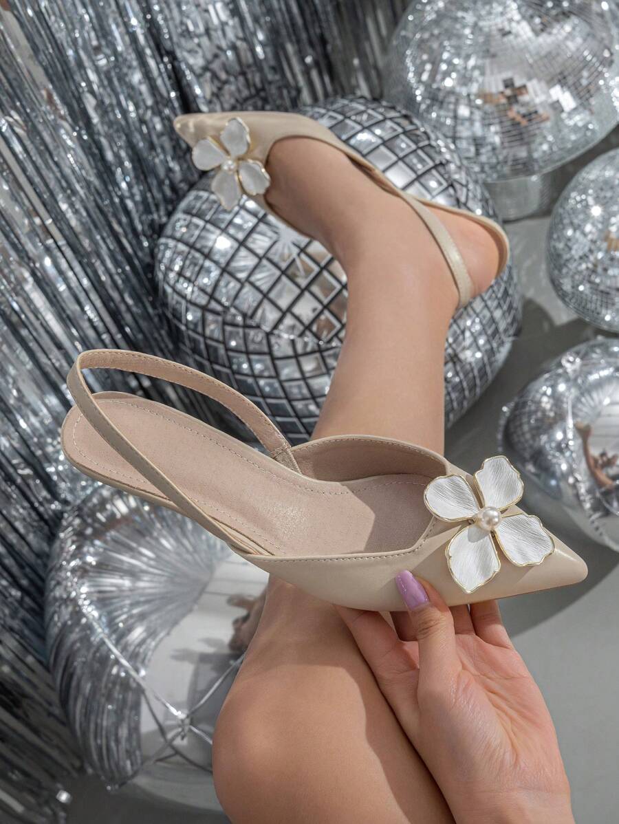 女士高跟鞋，时尚大扣女鞋，日常优雅风格，小猫跟 - 杏色 - 查看 1