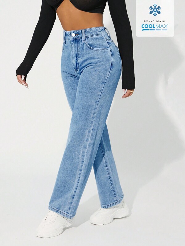 SHEIN PETITE Coolmax Loose Straight-Leg Jeans With Slanted Pockets