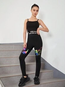 SHEIN Leap Crew 3入組少女彩色噴墨短袖上衣、字母肩帶背心、長褲 - 彩色 - 查看 4