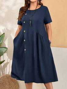 Rosumi 大碼女士寬鬆鈕扣短袖圓領口袋綠色連衣裙,側邊割縫適用於春季