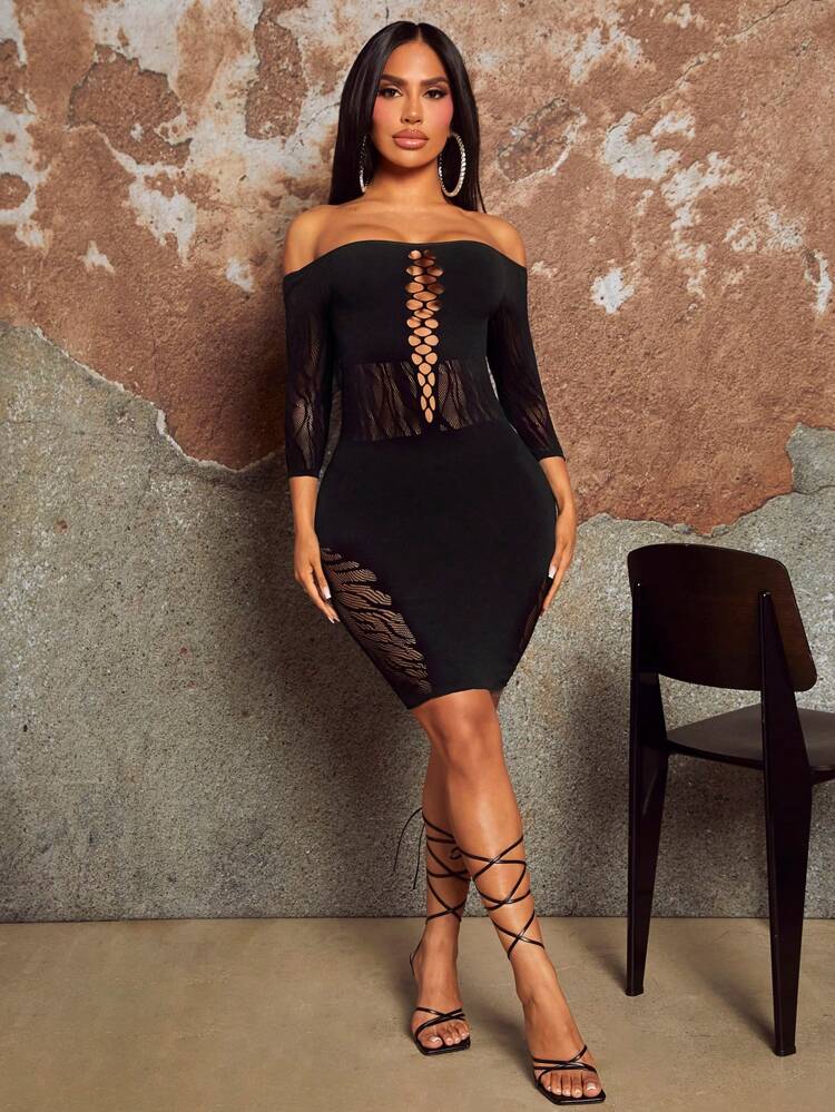 Music Festival Fashionable Ladies Sexy Black Hollow High Elastic Silk Elegant Party Nightclub Hottie See-Through Fishnet Back Details Large Hollow Splicing Long Sleeves Off Shoulder High Elastic Tight Dress