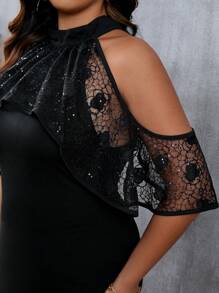 Celure 大碼拼接蕾絲繡花露肩貼身連衣裙 - 黑色 - 查看 3