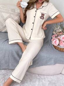 CoupledUp Conjunto de pijama con bloqueo de color y bordado de oso de bolsillo - Albaricoque - Ver 5