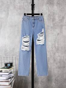 SHEIN Quần Jeans Rách Thời Trang, Cá Tính, Thoải Mái Cho Bé Trai Tuổi Teen Có Hiệu Ứng Giặt Giặt - Rửa nhẹ - Xem 3