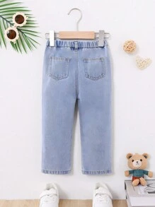 Vaqueros De Mezclilla Informales De Ajuste Holgado De Color Claro Para Bebé Niño Con Parche De Oso Y Diseño Desgastado - Lavado ligero - Ver 2