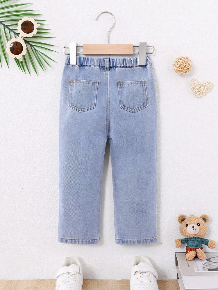 Baby Boy's Light-Colored Casual Loose Fit Denim Jeans With Bear Patch And Distressed Design