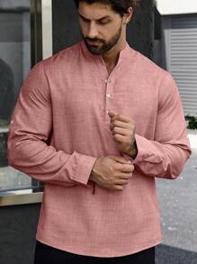 Manfinity Homme Men's Loose Fit Button Down Shirt With Half Placket And Rolled Sleeves, Fall