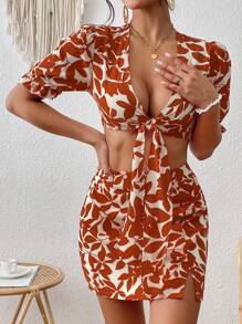 Breezaya Ladies' Plant Printed Tie Front Cropped Top And Skirt Set - Orange - View 3