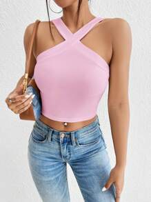 SHEIN BAE Chất rắn Có màu sắc Thon gọn Quần skinny Áo ba lỗ - Hồng - Xem 6